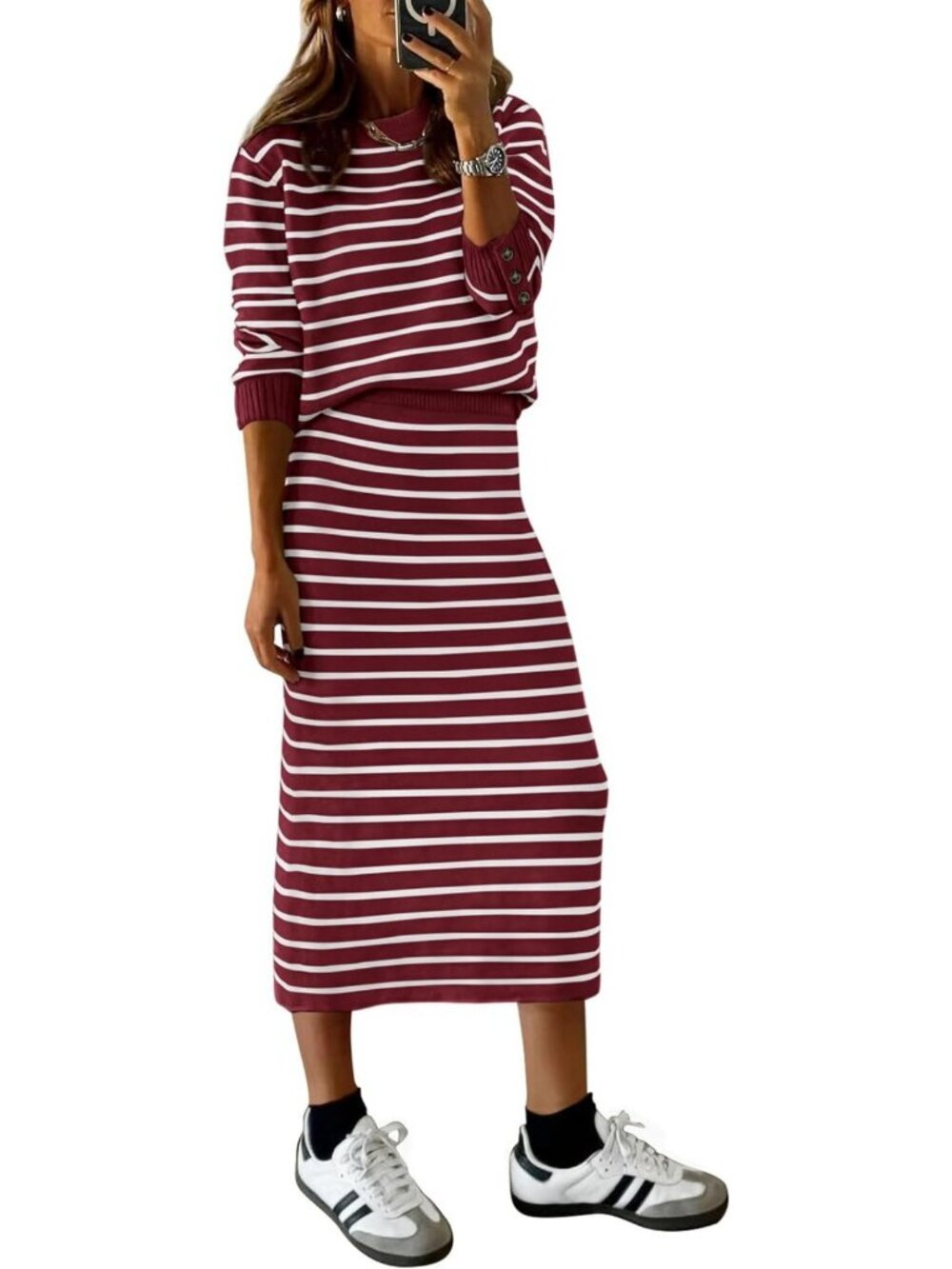 Chic Women's 2-Piece Striped Sweater & Skirt Set - Cozy Fall Matching Outfit